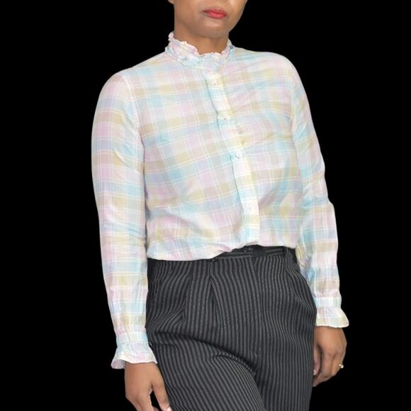 J Crew Shirt Pink Voile Ruffle Neck Pastel Plaid Classic Top Button Front Size 0 - Picture 10 of 13